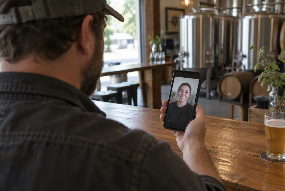 A brewery owner watching an applicant's video on his phone