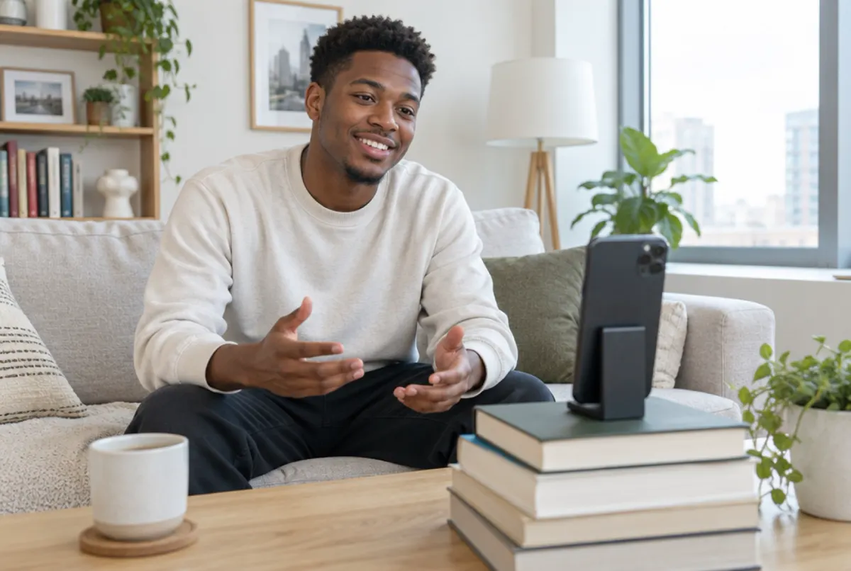 A job seeker recording a video introduction at home