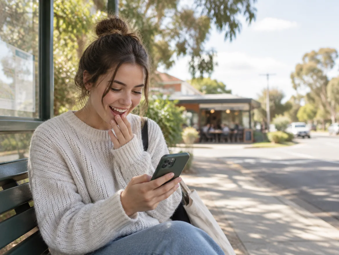 A job seeker smiles at her phone at a bus stop after an employer opens her application.