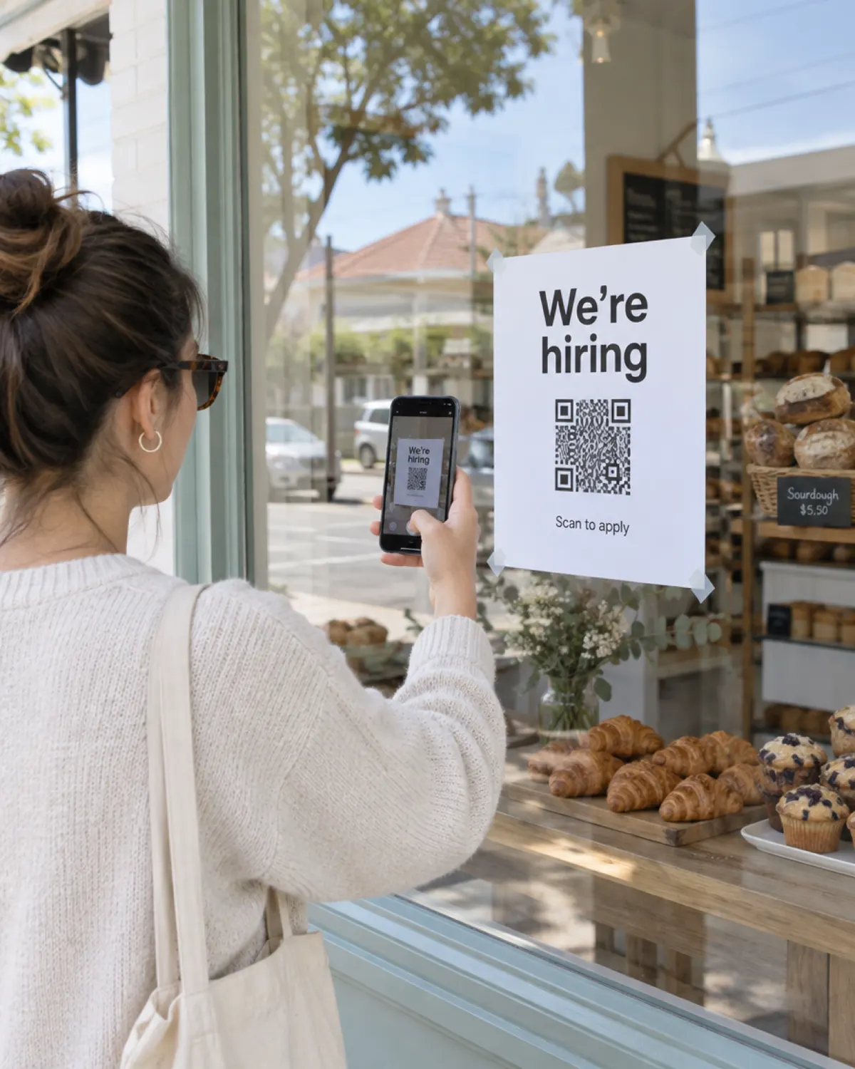 A shopper scanning a We're hiring QR poster in a bakery window