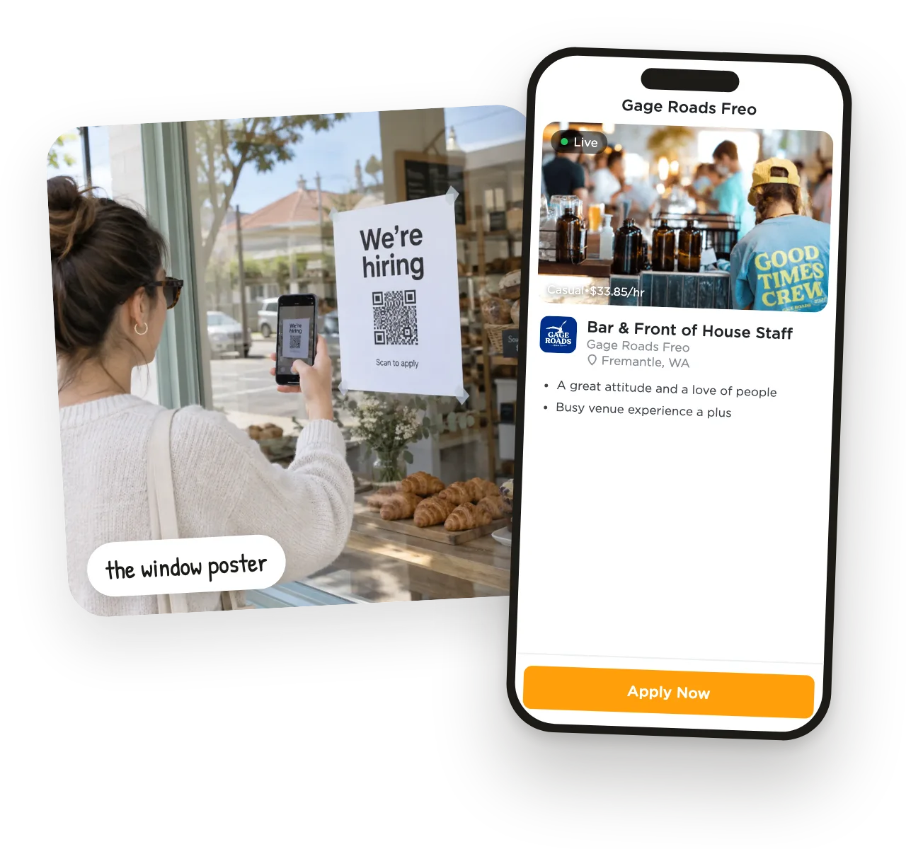 A shopper scans a hiring poster; the job ad opens on their phone with an Apply Now button.