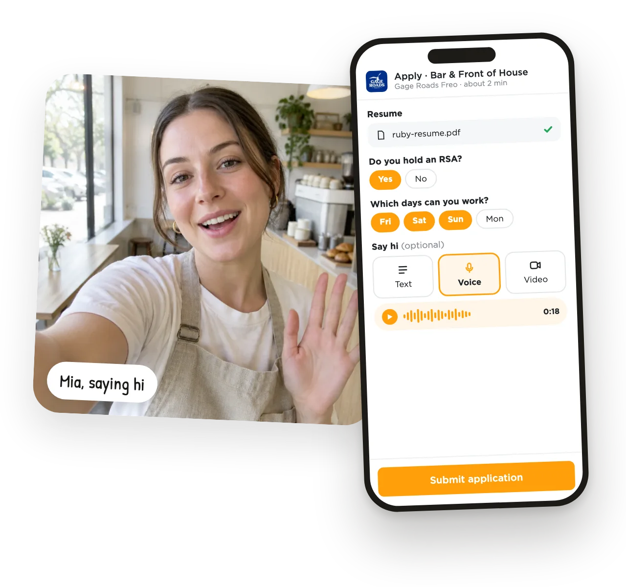 The application form on a phone: resume uploaded, two screening questions, and a choice of text, voice or video hello.