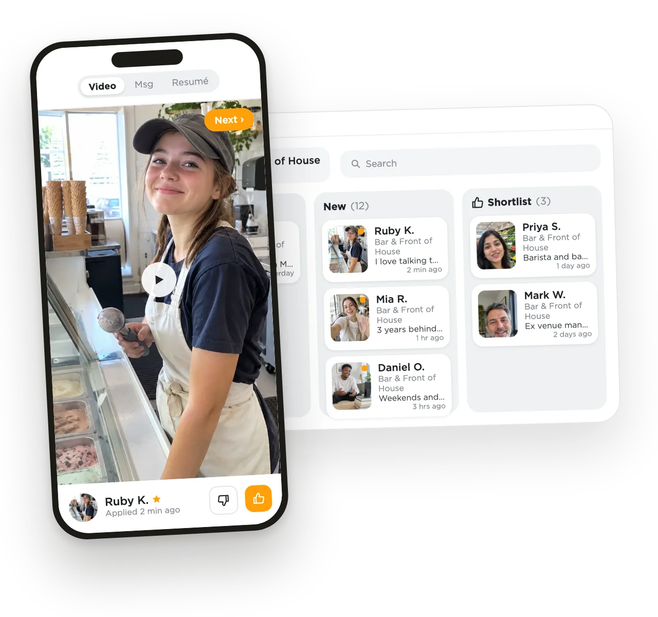 The applicant board with New and Shortlist columns, next to a phone showing an applicant video with thumbs up and down.