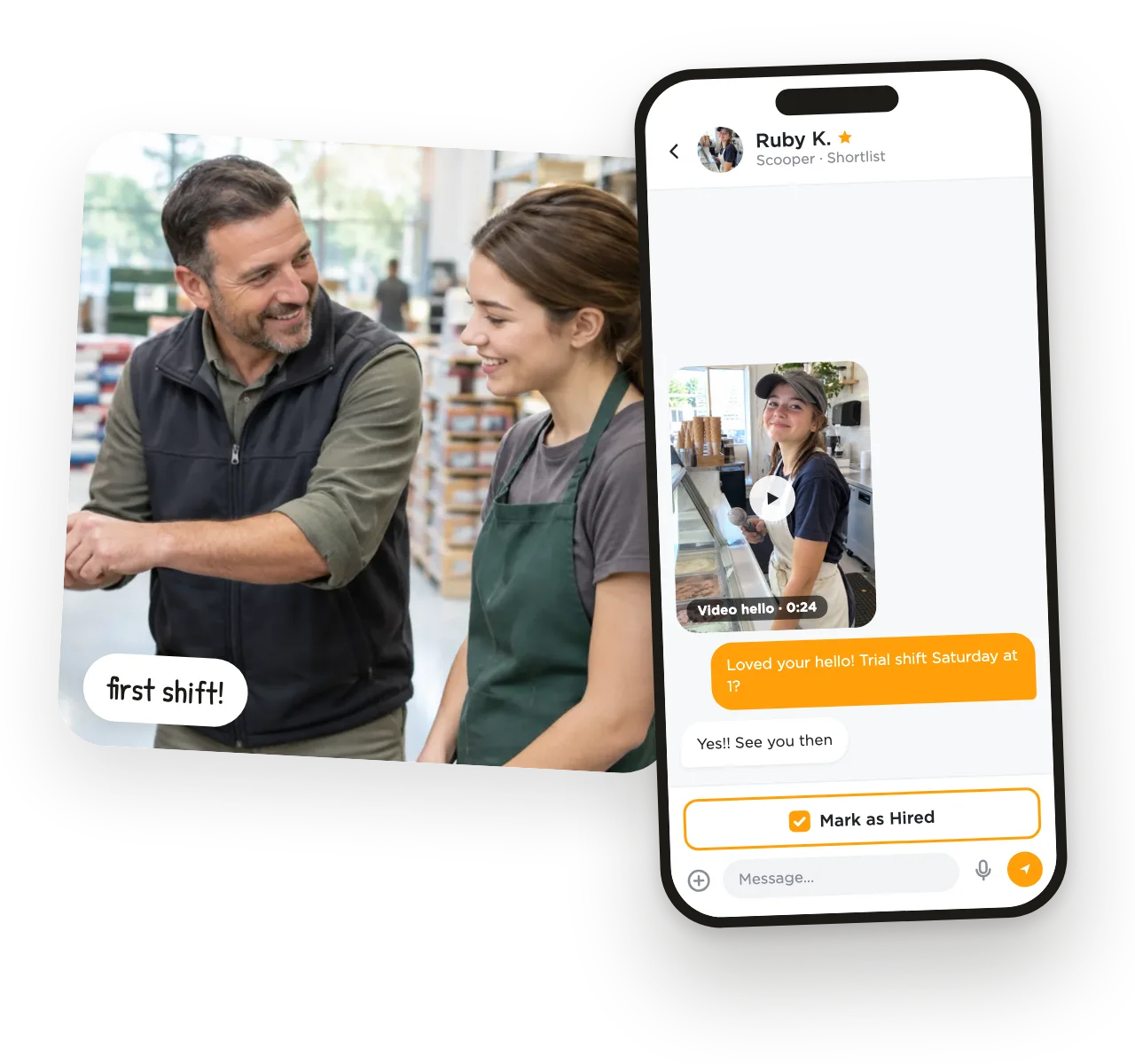A chat with the applicant arranging a trial shift, with a Mark as Hired button.